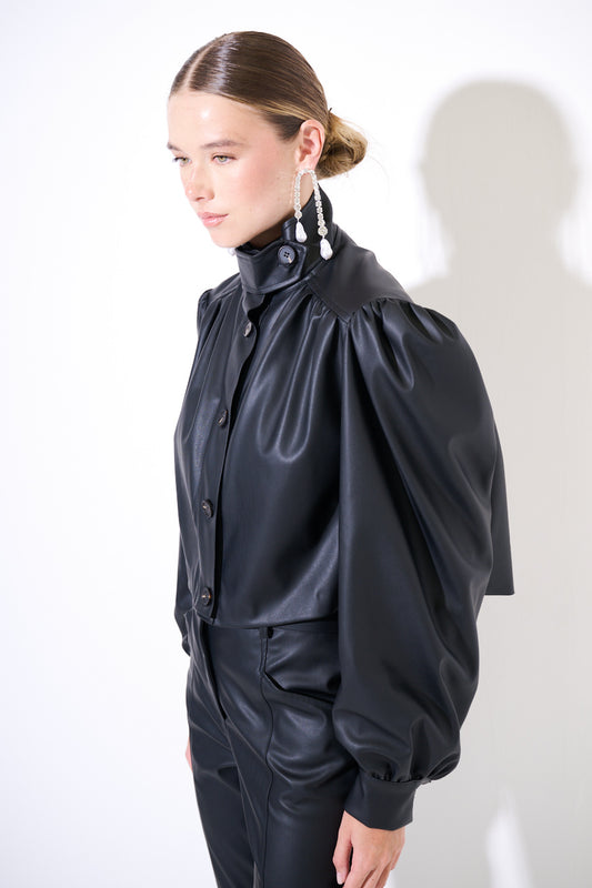 Giacca ecopelle spalle a sbuffo NERO - Kikisix