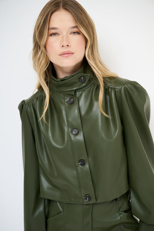 Giacca ecopelle spalle a sbuffo MILITARE - Kikisix